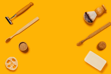 Group of ecological staff ready for use. Zero waste concept. Flat lay with razor, soap, toothbrushes, and shaving brush.