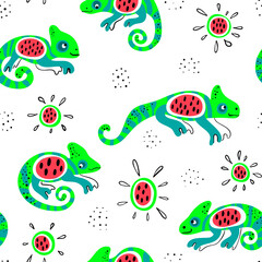 Chameleon and watermelon vector seamless pattern