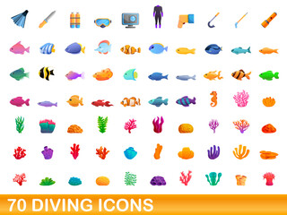 70 diving icons set. Cartoon illustration of 70 diving icons vector set isolated on white background