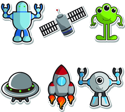 set of funny cartoon android robot and alien in space