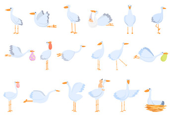 Stork icons set. Cartoon set of stork vector icons for web design