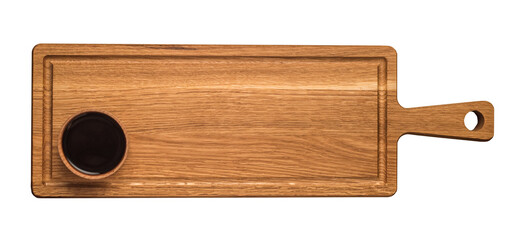 Empty wooden board and soy sauce isolated on white background. Japanese national cuisine concept.