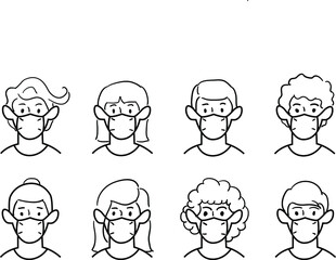 Collection face wearing mask icon. Simple thin line signs with people wearing protection mask.