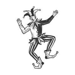 jester circus sketch engraving vector illustration. T-shirt apparel print design. Scratch board imitation. Black and white hand drawn image.
