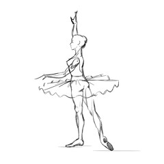 A Young Ballerina. Freehand Drawing of a Ballet Dancer Girl. Vector Illustration of a Dancing Woman. Monochrome Sketch of a Dancing Jump. Classical Choreography Style. Free Hand Draw. Realistic Style.