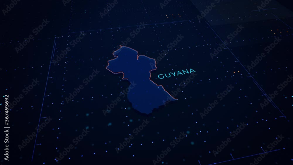 Poster 3d render of guyana map. camera flying through digital space.
