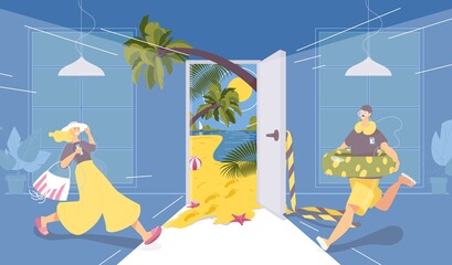 Opening borders after covid-19 quarantine. Vacation at sea and lockdown. Happy characters running to open door to palms, tropical sea and relax