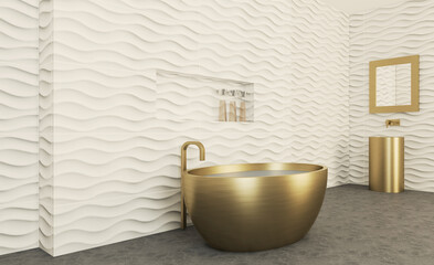White wavy tiles on the walls. Bathroom in bright colors. Bronze bath and washbasin.. 3D rendering,