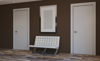 doctor's office. large windows in a hospital with city views. armchairs for visitors.. 3D rendering. Mockup.   Empty paintings