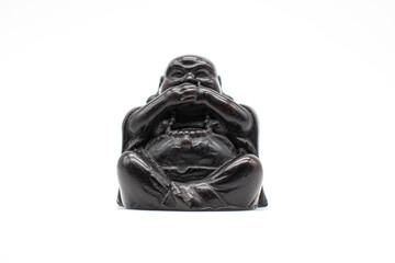 Statue speak no evil, Black sculpture rock on white, Isolated, Front view.