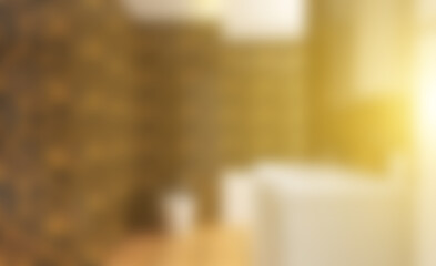 3D rendering. Bathroom with gold tiles on the walls. Close-up on furniture with a washbasin.. Sunset.. Unfocused, Blur phototography