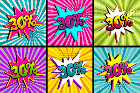 Comic text 30 percent sale set discount.