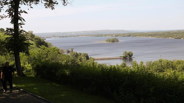 Panoramic view from mountain Tarasova in Kanev, Cherkassy region, on small island and hydroelectric dam on broad Dnieper