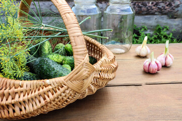 Cucumbers in a basket with dill branches on a wooden background, with garlic and glass jars