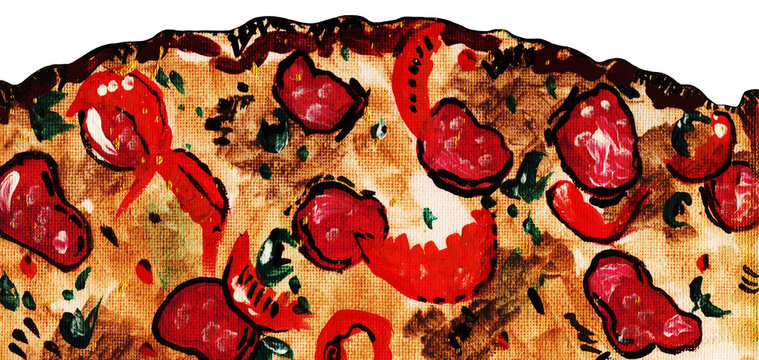 Food illustration. Pizza crust with pepperoni, pepper, tomatoes, basil. Isolated on white background. Hand-painted, watercolor, acrylic. Design for fabric, wallpaper, menu, packaging, print, wrapping.