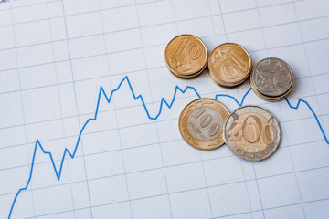 coins stacked in a row and in columns on the graph of the growth of finance