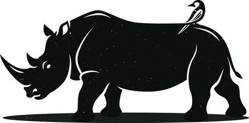 Silhouette of White Rhino with a Bird Standing on His Back © DKG1111