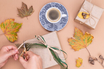 Fototapeta na wymiar Women's hands are wrapping gifts in kraft paper, on a beige table next to a cup of coffee and dry autumn maple leaves. Autumn composition