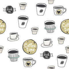 Abstract seamless pattern with hand drawn coffee to go cups. Beautiful modern texture with chaotic painted elements. Multicolored background for your web design, backdrops, wrapping