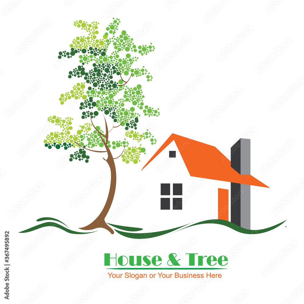 Wall mural vector logo house and tree design in eps 10. simple template and ready to use.