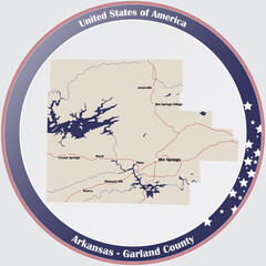 Round button with detailed map of Garland County in Arkansas, USA.