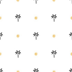 Tropical Background. Hand Drawn Doodle Sun and Palm Trees Silhouettes Seamless Pattern