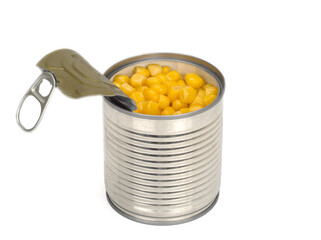 sweet corn in metal cans isolated on a white background, Top view