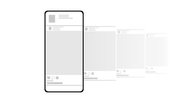 Smartphone mockup on white background. Transparent Carousel interface post on social network. Minimal design. Stories frame. Social media mobile app page template. Vector