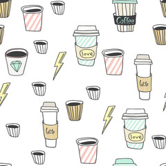 Abstract seamless pattern with hand drawn coffee to go cups. Beautiful modern texture with chaotic painted elements. Multicolored background for your web design, backdrops, wrapping