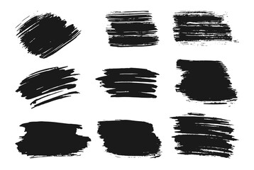 Different hand drawn ink brush strokes set. Stamp label for artistic design. Grungy texture, dirty banners and text boxes. Abstract lines black paint for digital brushes. Isolated vector illustration