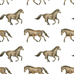 Watercolor seamless pattern with horse.  Free running mustang. Beautiful purebred red horse isolated on white background.