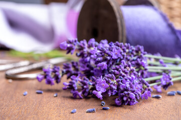Bunch of fresh, purple aromatic lavender flowers in gift shop in Provence, France