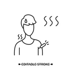 High fever icon. Person with elevated body temperature and thermometer linear pictogram. Concept of covid or seasonal flu disease signs and symptoms. Editable stroke vector illustration
