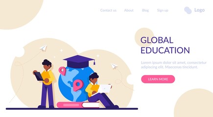 Concept of global education. Boy standing in front of books and globe with cap. Study abroad, international student exchange program. Modern flat illustration.