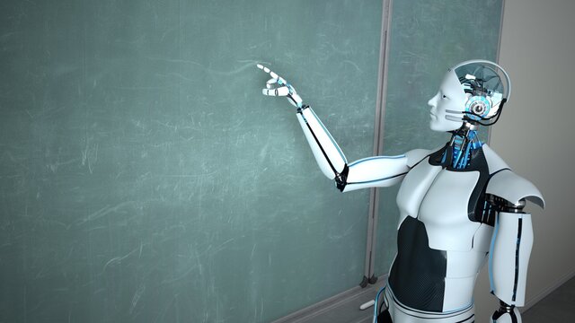 Humanoider Roboter zeigt auf die Tafel
