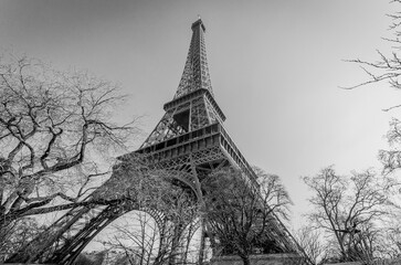 Eiffel tower in Paris in black and white.