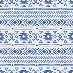 Watercolor ethnic seamless pattern. Geometric elements. Abstract folklore ornament. Striped pattern in Aztec style. Figure tribal embroidery.
