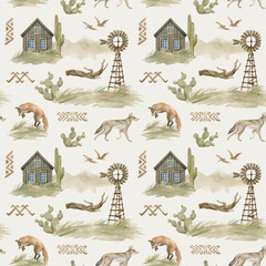 Watercolor seamless pattern with prairies elements, animals, mountains, cactus, houses, ethnic ornament. Wild West aesthetic background. Western design. © Kate K.