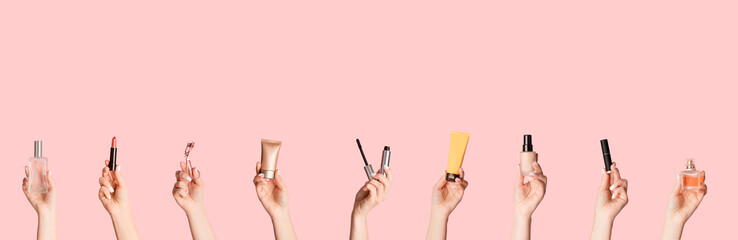 Collage with female hands showing different makeup products over pink background, copy space