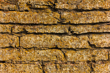 Background of old vintage dirty brick wall with peeling plaster, texture