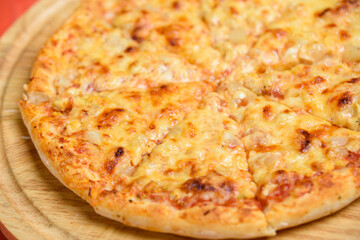 Close up Italian pizza about cheese it stick.