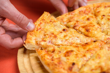 Close up Italian pizza about cheese it stick.