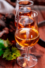 Tasting of aged french cognac brandy in old cellars of cognac-producing regions Champagne or Bois,...