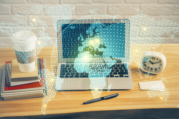 Multi exposure of business theme icons and table with computer background. Concept of success.