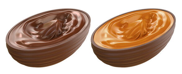 Easter egg filled with tasty chocolate and caramel filling. isolated on white background. 3d illustration.