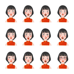 Set of Brunette Asian and Black Eyed Women Portraits with Twelve Different Emotions; Idle, Smiling, Crying, Sad, Angry, Blink, Happy, Surprised, Kinky, with Glasses, etc