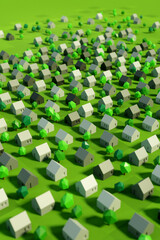 Miniature wooden single family houses and trees in green enviroment. 3D illustration