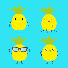 Fototapeta premium Pineapple fruit icon set. Cute cartoon kawaii smiling funny baby character. Happy, sad, angry, smiling emotions. Hands, legs. Sunglasses. Hello summer. Greeting Card. Flat design. Blue background.