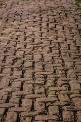 an old brick side walk in an old city park