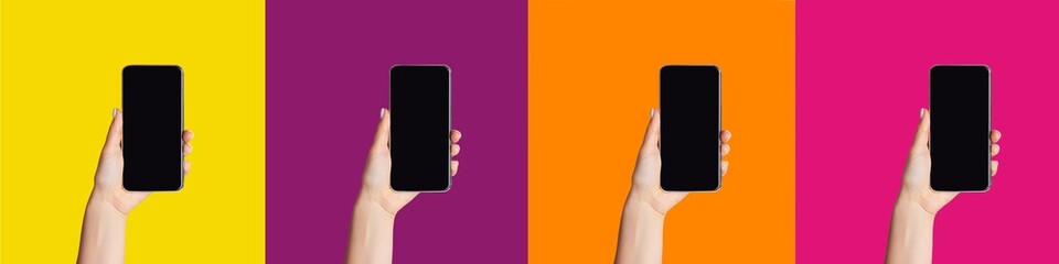 Young women showing cellphones with blank screens on colorful background, mockup for design